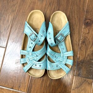 NEW Birkenstock Betula Comfort Slide Sandal Womens 8 Blue Leather Rhinestone Art